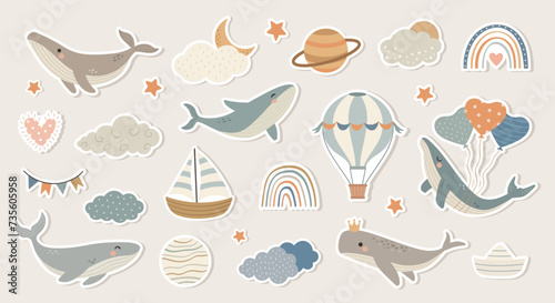 Hand drawn stickers with whales, clouds, rainbows, ships. Vector illustration for cards, wall, scrapbooking