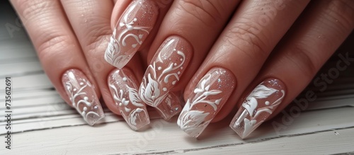 Elegant white and silver nail designs on a woman's hand, beautiful manicure for special occasions and events