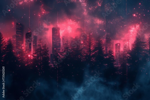 Fantasy landscape forest at night. night forest with fog background. nature leaves wallpaper for desktop. Natural landscape background. Synthwave Style Leaf Background. fantasy forest wallpaper.