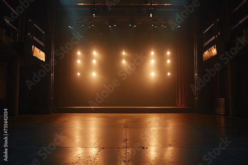 Empty stage of a theater Illuminated by spotlights before a performance Setting the scene for an evening of entertainment and artistic expression