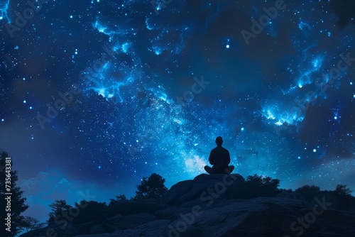 Starry night sky with nebulae A person in lotus position meditating Energy fields connecting with cosmic intelligence