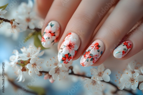 Elegant nail design adorned with spring flowers. Beautiful hands with trendy polish manicure.