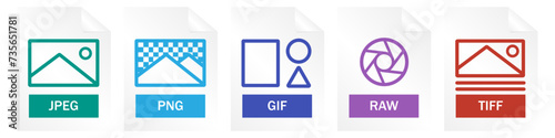 Image File Format Icon Set. File Extensions For Images.Set Of JPEG, PNG, GIF, RAW, TIFF. Flat Colored Shape. 