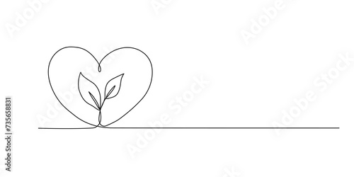 One continuous line growing sprout with heart. Hand drawn doodle line art plant