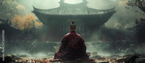 Serene man meditating in front of ancient pagoda surrounded by nature