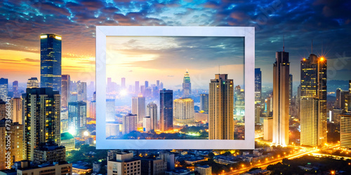 Urban Dusk: A Vibrant Cityscape with Glowing Skyscrapers and Lights Against the Night Sky