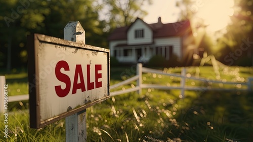 A sign with the inscription "Sale", against the backdrop of a large house with a lawn and a fence. Sale and purchase of real estate, land, mortgages and bankruptcy. Illiquid property, housing crisis
