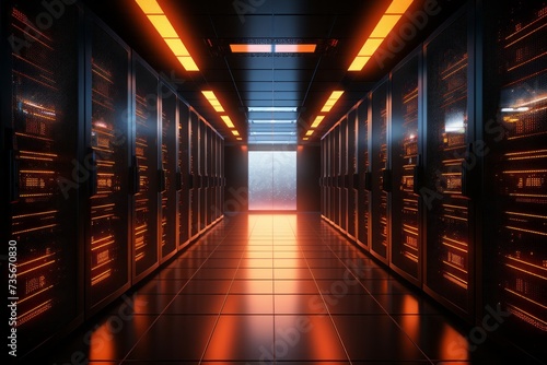 interior of data center server room at night illuminated by orange lights with rows of black cabinets protecting servers with display of data numbers