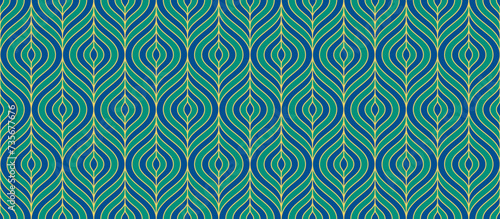 Retro art deco blue and green seamless pattern. Repeated gold leaf, feather or floral motif. Vintage decorative texture for wallpaper, textile, fabric, print swatch. Vector elegant ornament backdrop