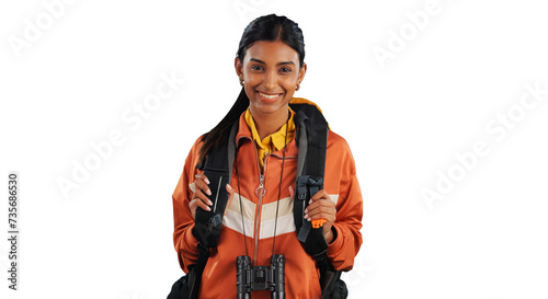 Travel, backpack and portrait of happy woman hiking on isolated, transparent or png background. Fitness, backpacking and face of Indian person on trekking adventure, vacation or exploring holiday