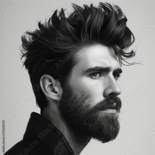 black and white portrait of a man with a beard and cool hairstyle