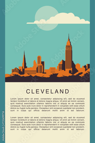 USA Cleveland retro city infographic poster with abstract shapes of skyline, buildings. Vintage US Ohio state travel webpage layout concept, vector illustration
