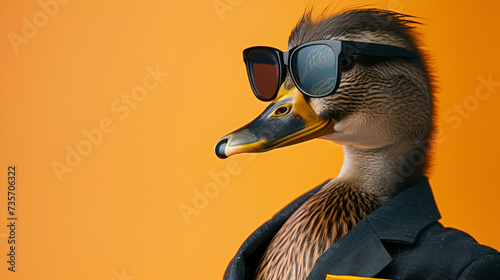 Animal duck portraits Cool business animal in sunglass, copy space, generative ai