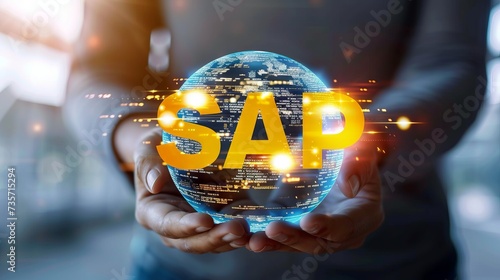 A person holds a virtual globe with the word SAP, business process automation and management software, written on it