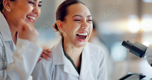Teamwork, scientist or women celebrate for success, medicine breakthrough or partnership in lab. Science, collaboration or happy doctors celebrate medical support, goal target or DNA news with smile