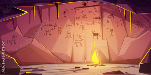 Prehistoric cave with caveman primitive painting on stone walls and fire. Cartoon vector neanderthal tribe dungeon. Aboriginal dwelling in underground rock cavern with ancient drawings and campfire.