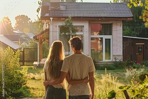 Lovely couple embraces with joy and affection in front of new house symbolizing significant milestone in life together happy young man and woman possibly just having invested in dream home