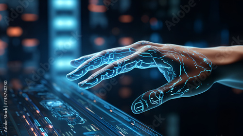 Human hand blending into AI robotic hand, in hi tech environment, using laptop,Robot cyborg hand on dark background AI futuristic technology 