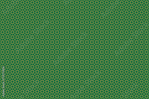Islamic abstract ornament seamless repeating pattern geometric design green background Monochrome gold stars abstract template Decorative lattice Arabic style Textile fabric wrapping paper wallpapers