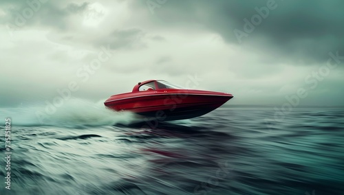 Red speed boat racing across gloomy waters, action shot, nautical adventure theme. contemporary, dynamic style. AI