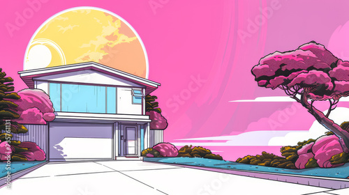 Vintage pop art illustration of a house with vibrant colors