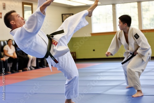 side view of sensei in midthrow technique against student