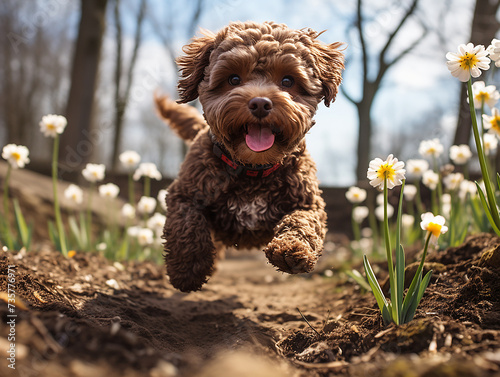 simpatico cucciolo di lagotto marrone che corre felice in mezzo ai fiori di prato in primavera, azione ed energia, felicità