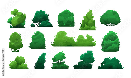 Cartoon bushes. Green shrubs and trees for garden, hedge and field, floristic decorative elements in flat style. Vector isolated set