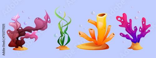 Seaweed and coral cartoon set. Vector illustration collection of different underwater ocean plant and reef. Marine or aquarium bottom tropical bright creatures. exotic undersea flora elements.