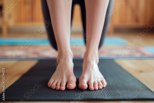 womans feet on yoga mat practicing mountain pose