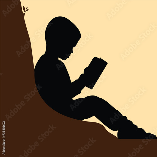 Silhouette of a child reading a book. Vector art of boy sitting under a tree and studying. Educational Concept.