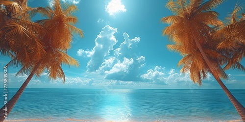 A tranquil seascape with golden sand, turquoise water and palm trees under a sunny sky.