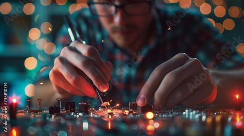 Focused technician repairing a PCB layout with a soldering iron amidst glowing bokeh lights, highlighting precision electronics work.
