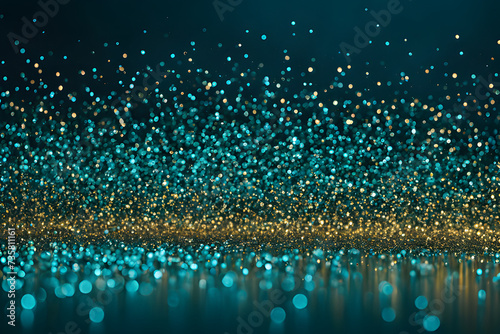 water drops background, golden and blue background with circular sparkle objects on a dark background, Generative AI 