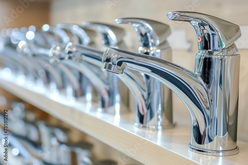 row of new chrome kitchen sink faucets displayed on shelf