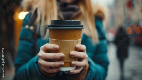 woman holding a to go coffee cup in her hands