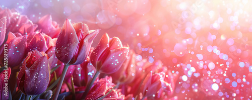 A radiant bouquet of pink and white tulips with a sparkling bokeh effect in the background.