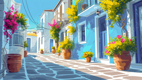 Illustration of houses on Santorini island 