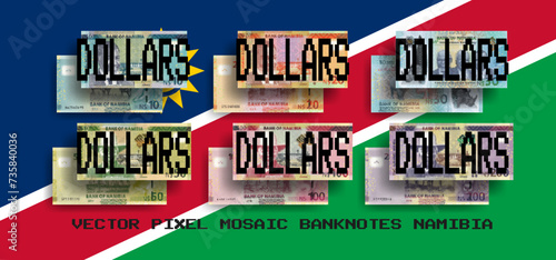 Vector set of pixel mosaic banknotes of Namibia. Collection of notes in denominations of 10, 20, 30, 50, 100 and 200 namibian dollars. Obverse and reverse. Play money or flyers.