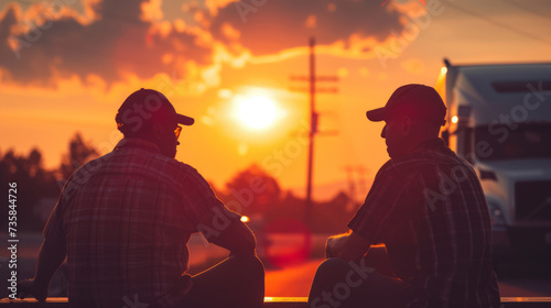 Two truckers sitting on a bench talking in a blurry background