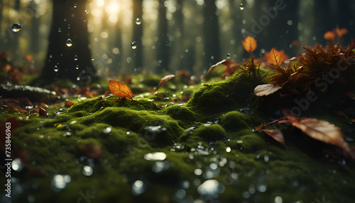 Wasser Tropfen Tau Regen fällt im Wald frische in morgentlicher Stimmung mit Sonne Strahlen und glitzer Sommerlich Herbst Frühling frische, lebendig, dynamisch fließt feuchtigkeit platscht Umwelt
