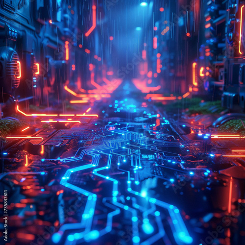 Blue neon circuits light up under acid rain showcasing flaming technology in a parallel universe