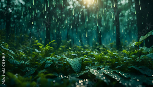 Flut strömender Regen fällt in dichten grünen Wald mit Moos und jungen Pflanzen, Wasser sammelt sich, Pfütze wird Bach und Fluss, Umwelt ökologische Filterung Wasserversorgung Herbst Frühling 