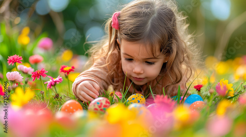 cute little girl playing egg hunt on Easter. Child sitting on the grass gathering colorful eggs