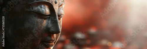 close-up of the head of a buddha figurine, old bronze with shimmer, on a red blurred background, empty space for text, banner