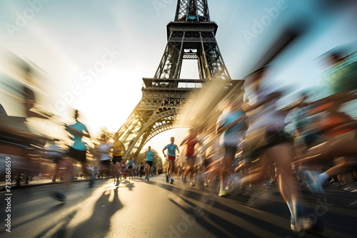 running people motion blur, Eiffel tower in background