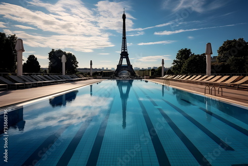 olympic games swimming pool in Paris, olympic games concept, Eiffel tower in background