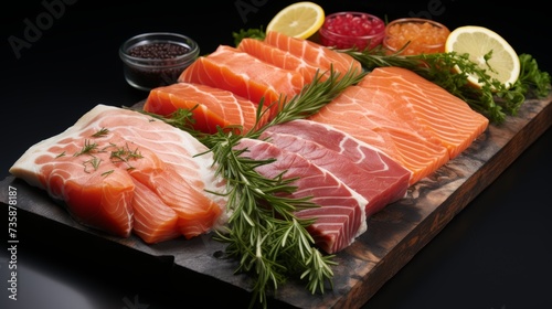 Close-up of fish dish ingredients with fresh rosemary, ginger, and lemon on a stone board,close-up