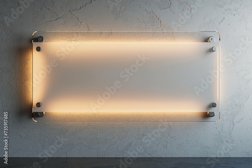 An empty methacrylate nameplate attached to a white wall, with a light shining from the side.