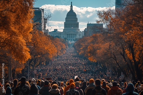 A large crowd of protesters gathers outside the Capitol building during a national demonstration.